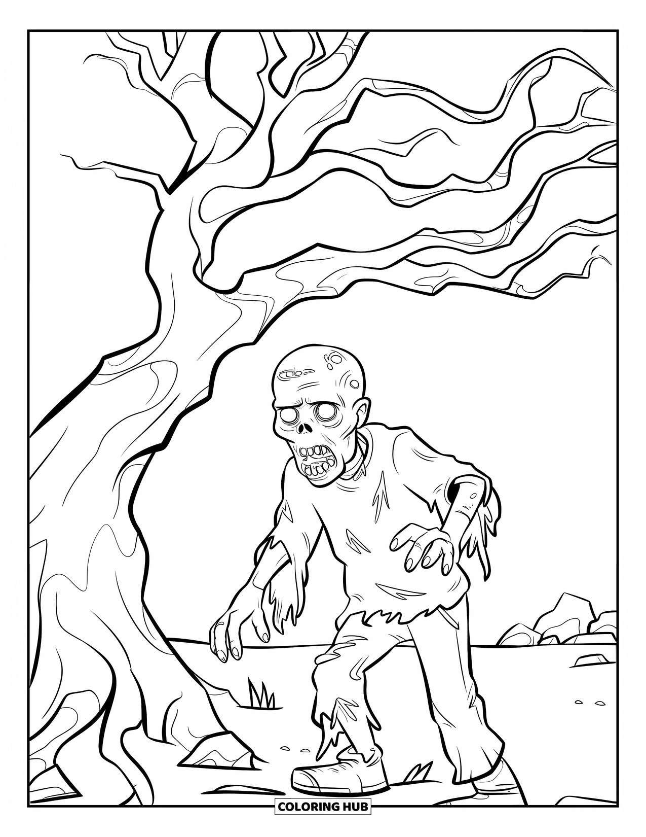 Zombie Ausmalbild für Kinder: Zombie unter einem verdrehten Baum streckt seine Finger allein aus