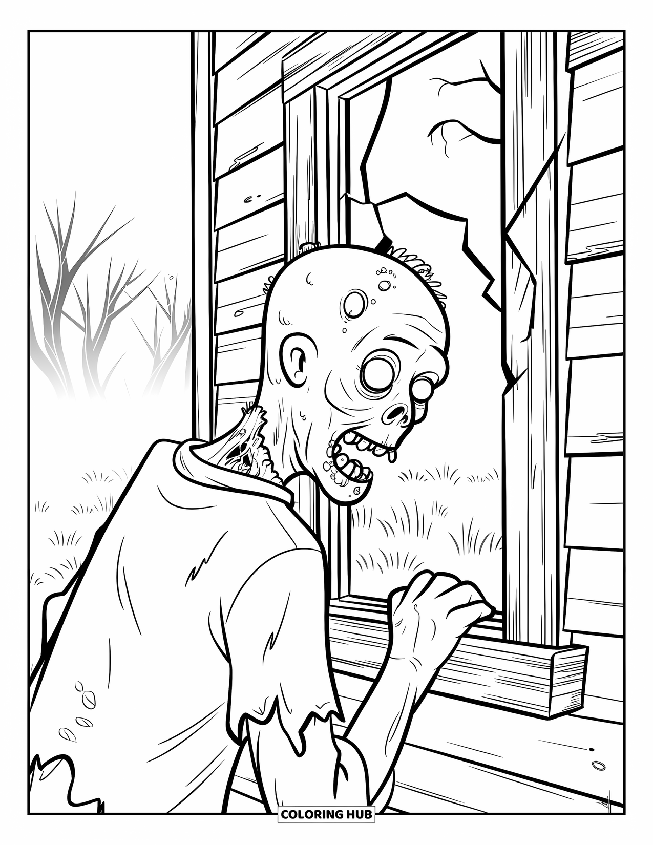 Zombie Ausmalbild für Kinder: Zombie mit einer Nackenwunde späht durch ein zerbrochenes Fenster eines gruseligen Holzhauses