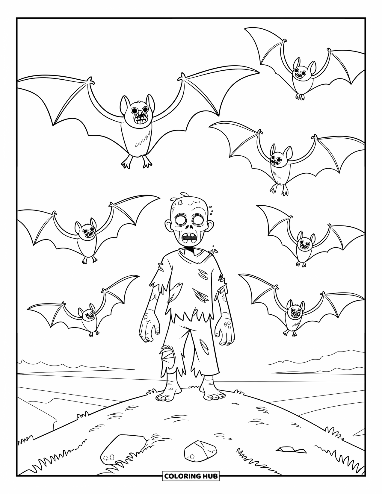 Zombie Ausmalbild für Kinder: Zombie mit einem zerfetzten Hemd steht inmitten fliegender Fledermäuse auf einem felsigen Hügel