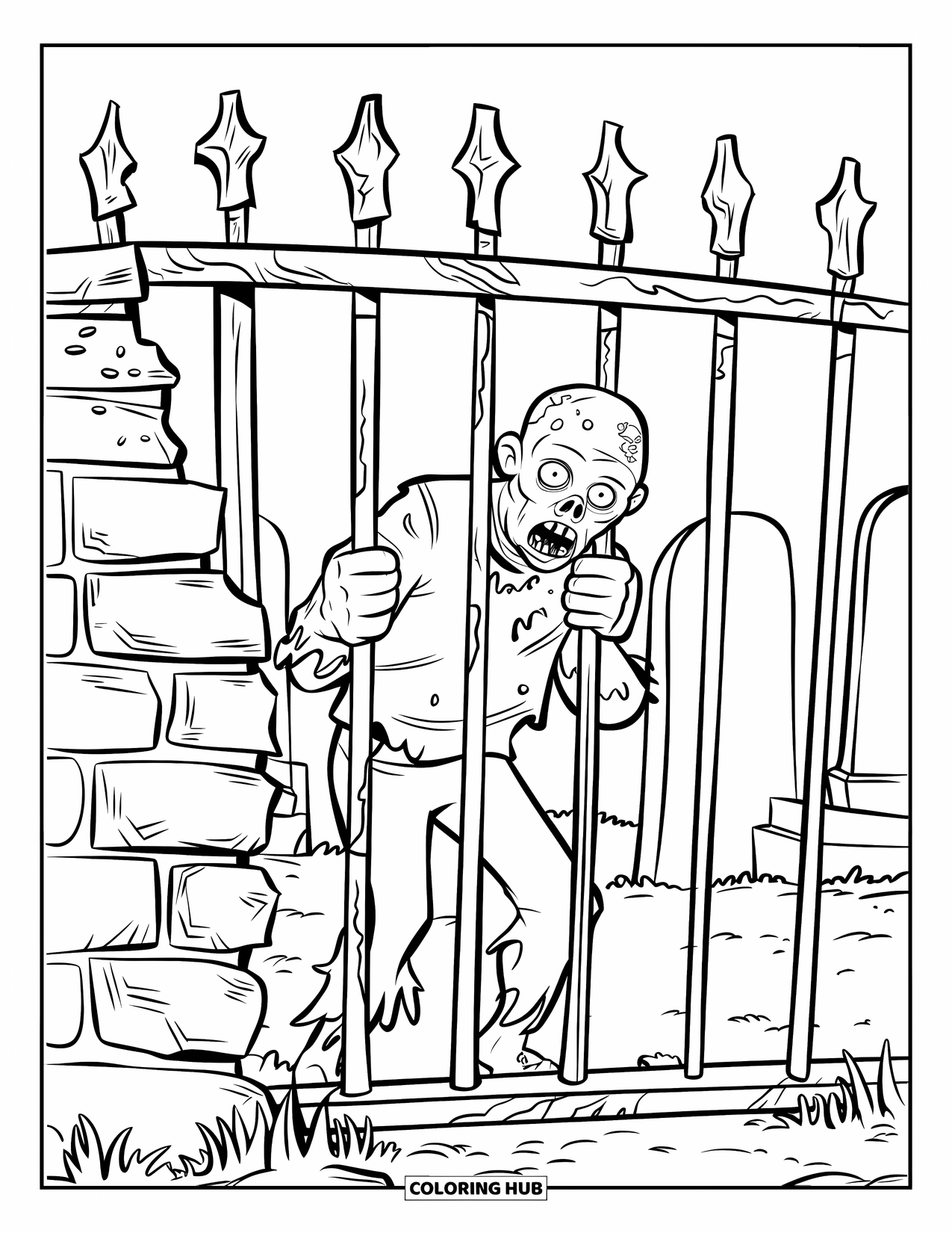 Zombie Ausmalbild für Kinder: Zombie mit klaffendem Mund umklammert ein rostiges Tor in der Nähe zerbrochener Ziegel und Grabsteine