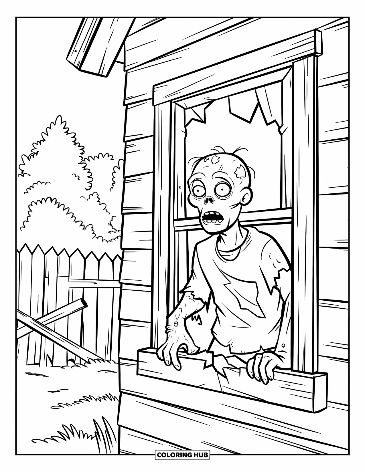 Zombie Ausmalbild für Kinder: Zombie mit hohlen Augen blickt durch ein zerbrochenes Fenster eines alten Hauses