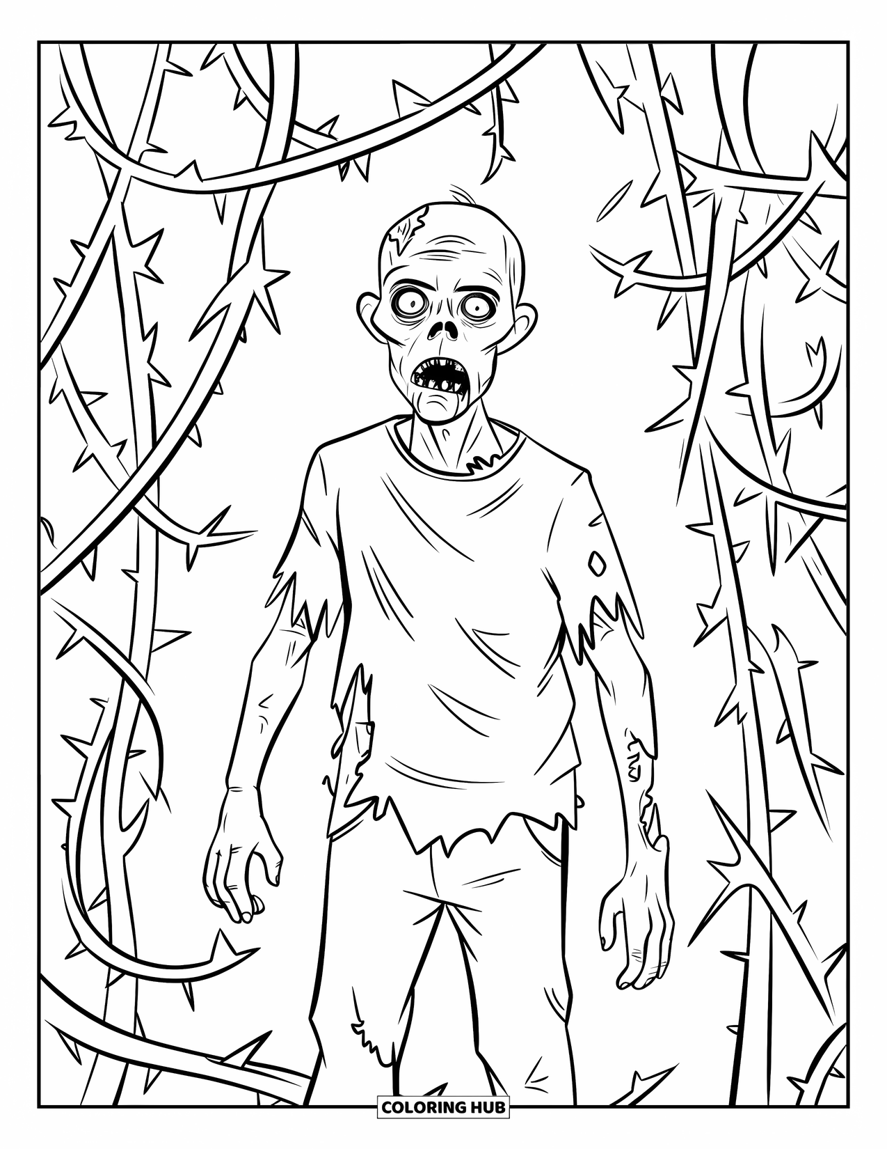 Zombie Ausmalbild für Kinder: Zombie mit langen Ärmeln steht umgeben von dicken, dornigen Ranken