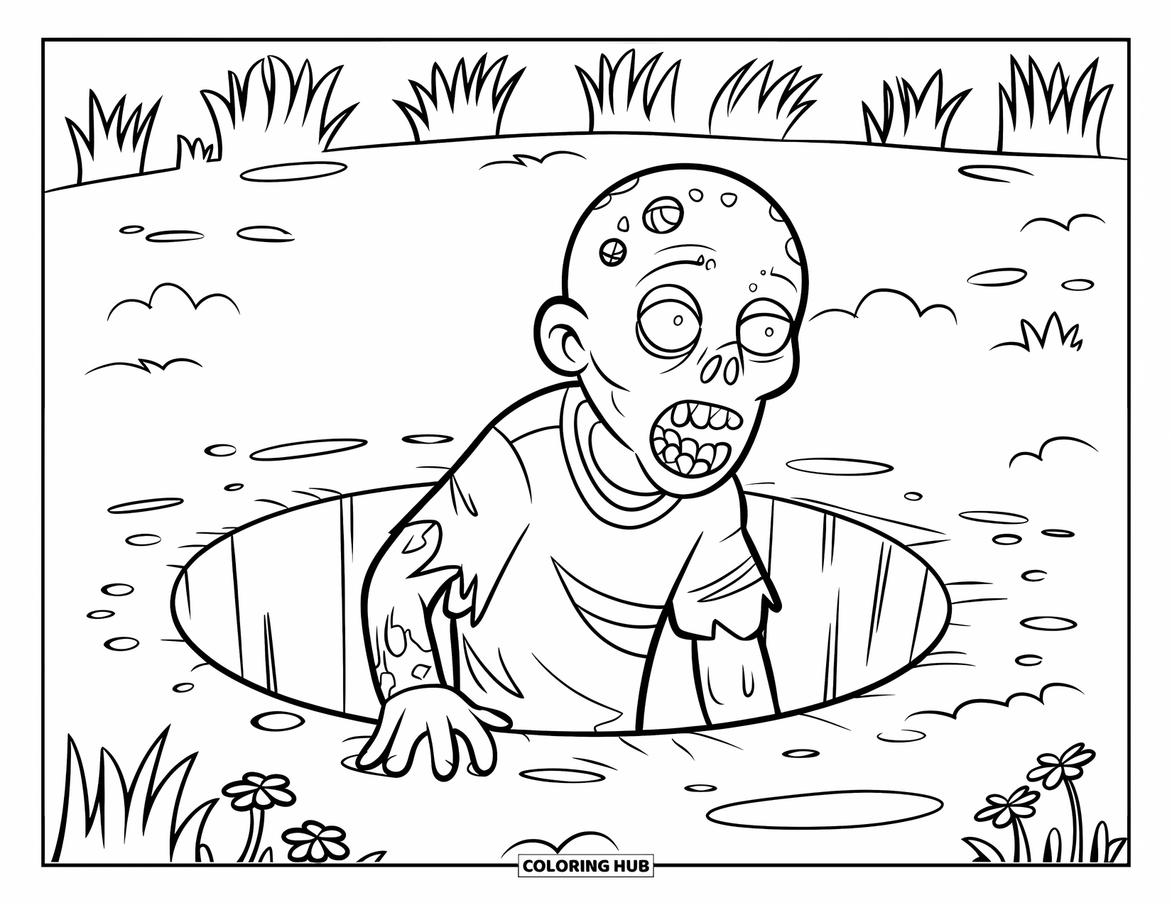 Zombie Ausmalbild für Kinder: Zombie mit einem Arm klettert aus einem Loch, umgeben von Gras und Blumen