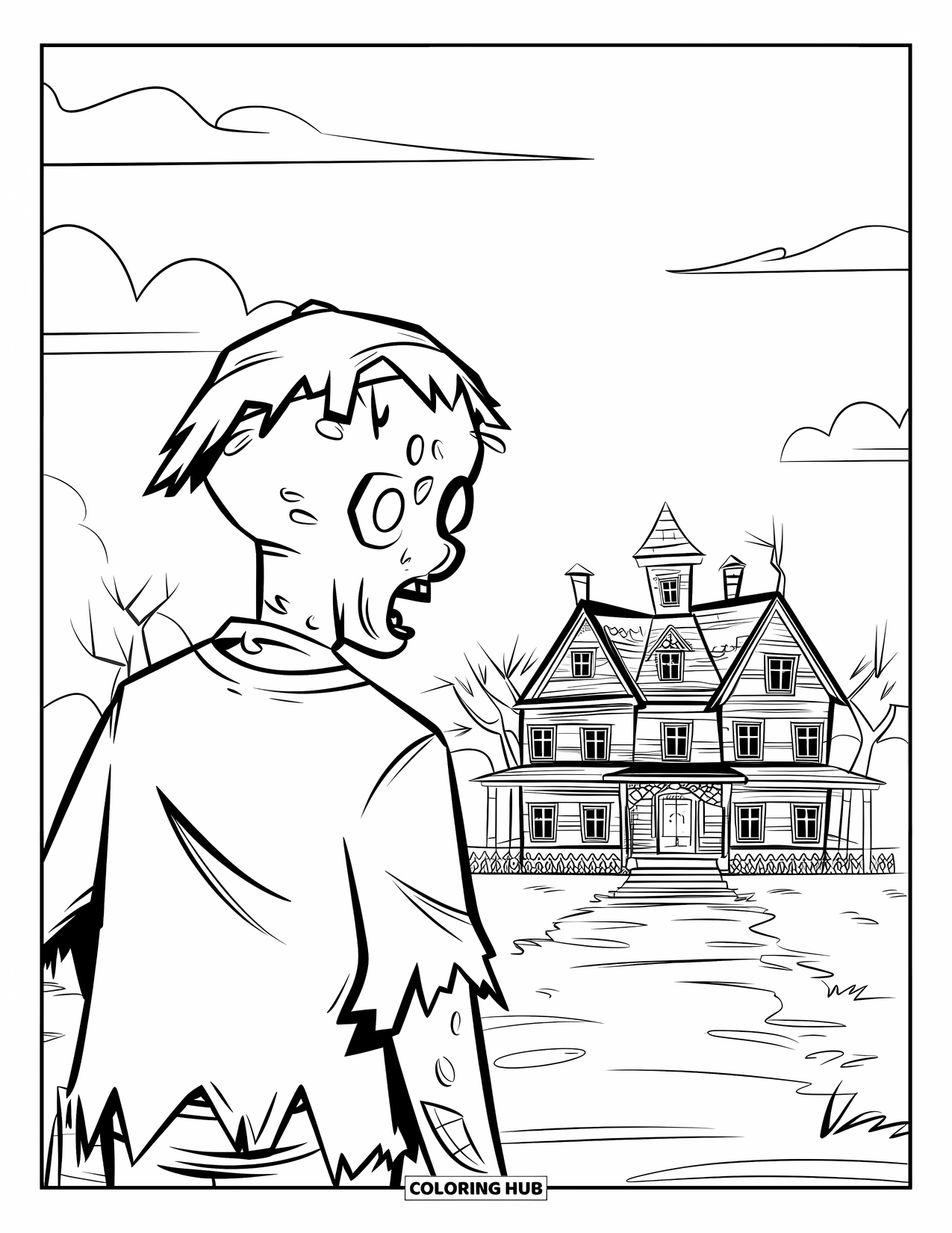 Zombie Ausmalbild für Kinder: Zombie mit zerlumptem Hemd starrt aus der Ferne auf ein Spukhaus