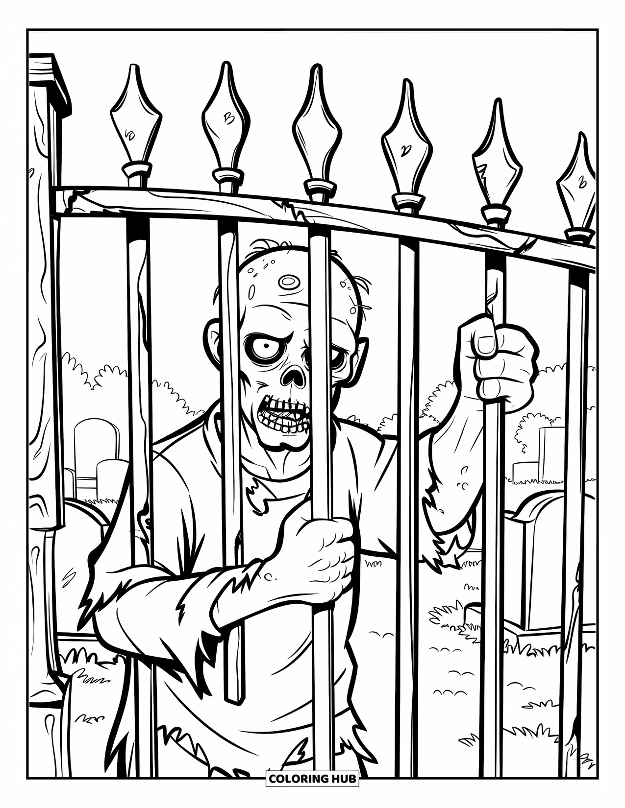 Zombie Ausmalbild für Kinder: Zombie mit Schädelkopf hält sich an einem rostigen Friedhofstor fest, das von Grabsteinen umgeben ist