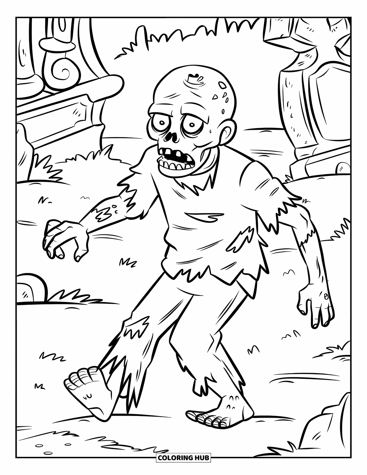 Zombie Ausmalbild für Kinder: Zombie mit Schädelkopf hebt seine Hände auf einem Friedhof mit einer hohen Statue
