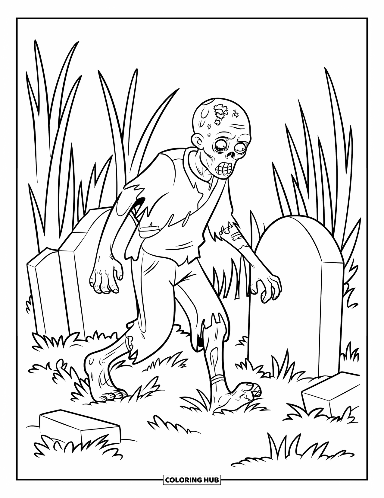 Zombie Ausmalbild für Kinder: Zombie mit zerrissener Kleidung kämpft sich durch hohes Gras in der Nähe zerbrochener Grabsteine