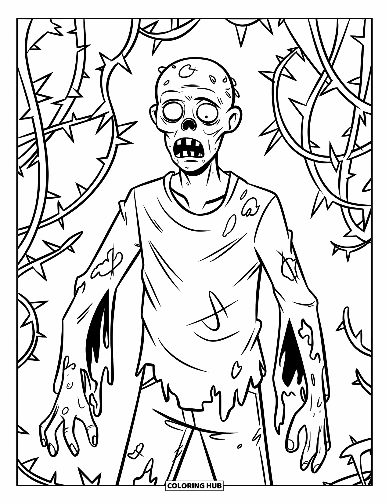Zombie Ausmalbild für Kinder: Zombie mit zerrissenem Hemd und langen Ärmeln steht zwischen Ranken mit scharfen Dornen