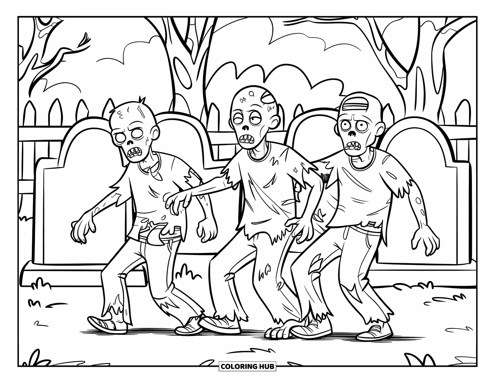 Zombie Ausmalbild für Kinder: Zombies in zerfetzter Kleidung tanzen die Conga in der Nähe von Bäumen und Grabsteinen