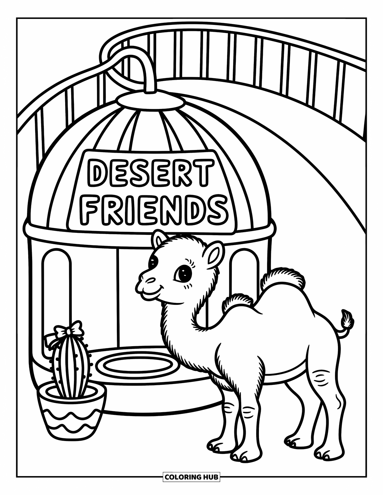Zoo Coloring Page for Adults: A baby camel stands by a Desert Friends dome with a cactus, bowl, and looping path