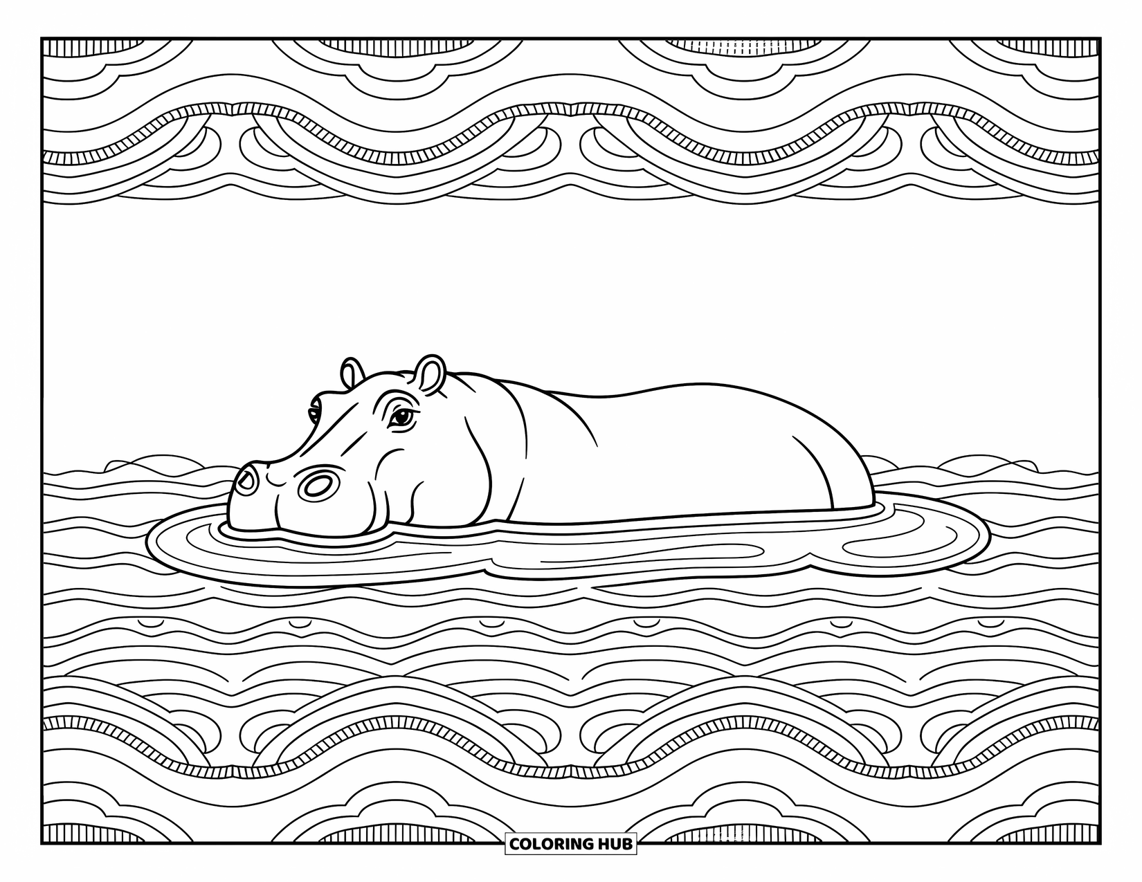 Zoo Coloring Page for Adults: A calm hippo peeks from water surrounded by bubbles, waves, and swirling patterns
