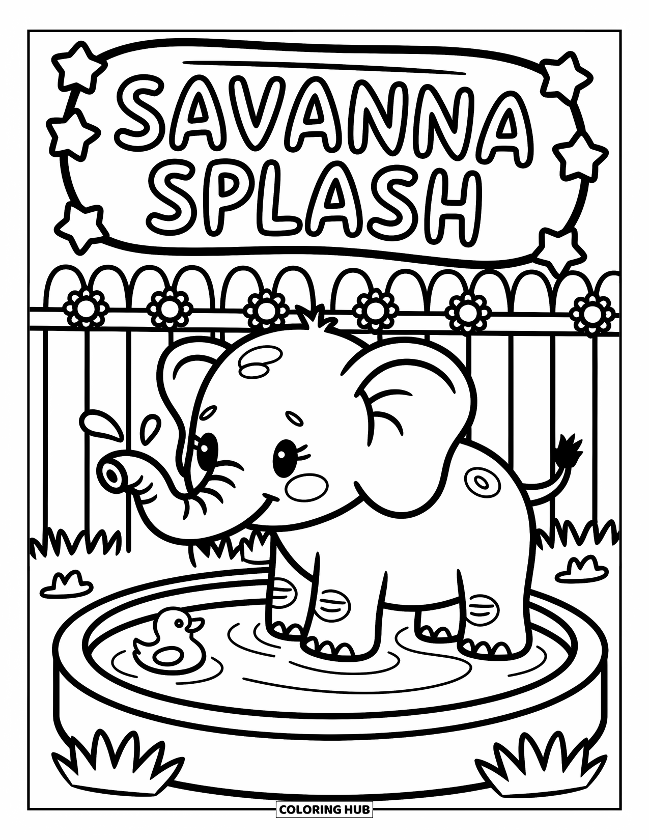 Zoo Coloring Page for Adults: A cheerful elephant plays in a zoo pool beside a duck and star-shaped signs