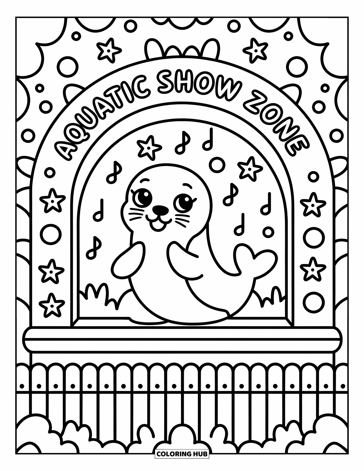 Zoo Coloring Page for Adults: A cute seal claps on stage with starfish decor, music notes, and bubbly details