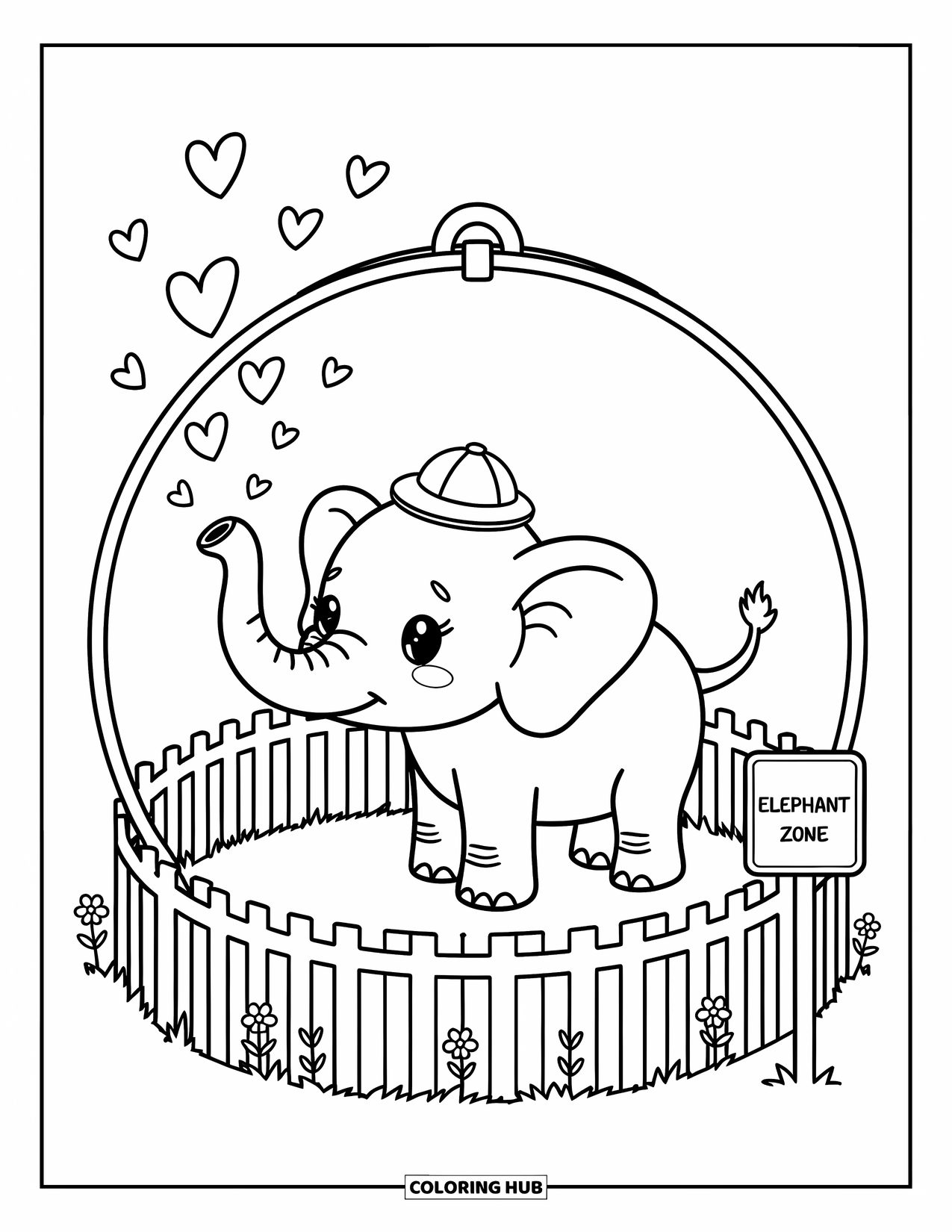 Zoo Coloring Page for Adults: A gentle elephant sprays hearts from its trunk inside a round enclosure with flowers and a sign