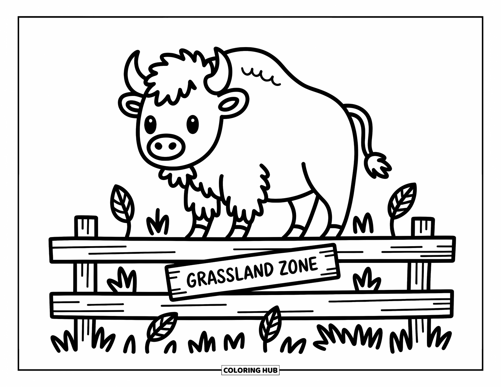 Zoo Coloring Page for Adults: A happy bison stands tall on a zoo platform with leaf signs and peeking grass tufts