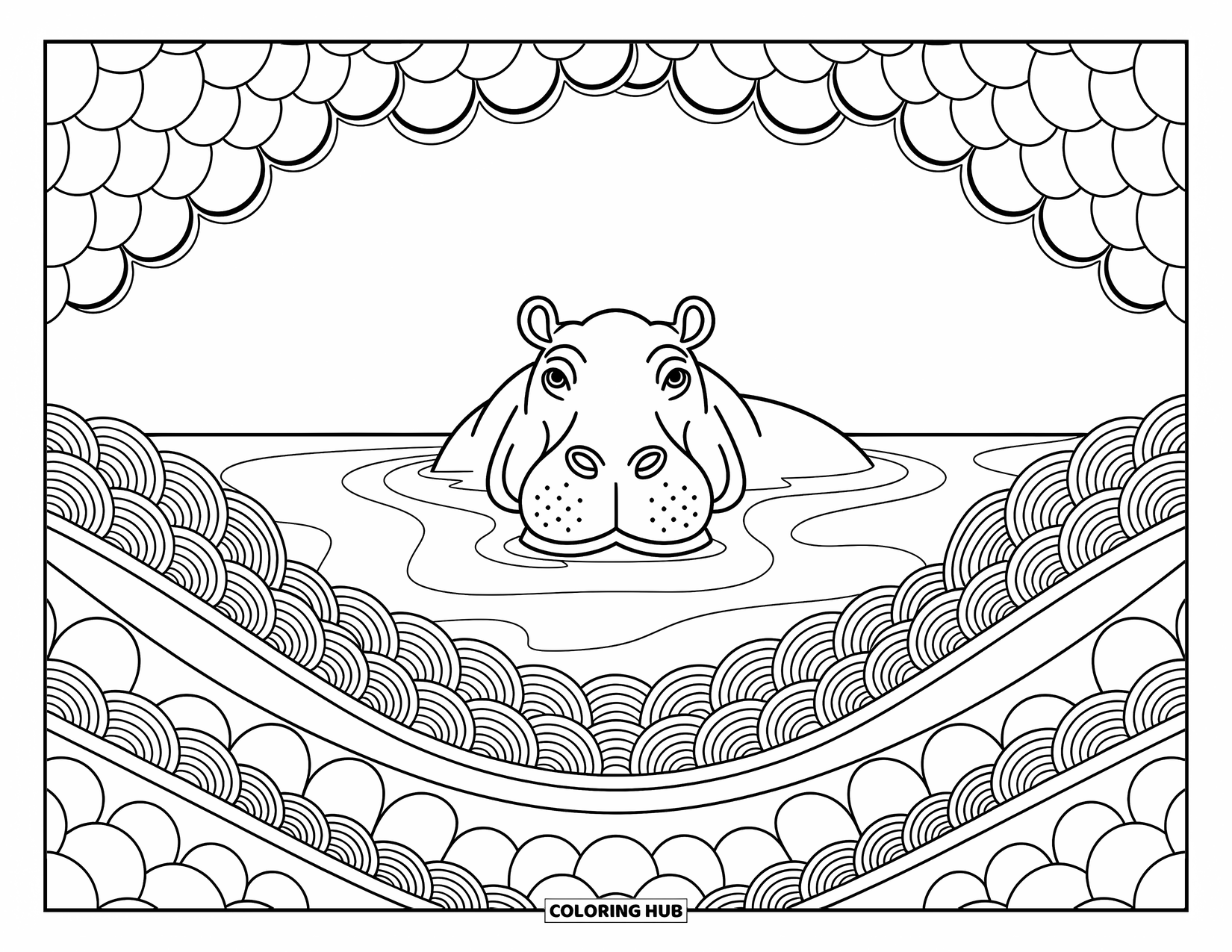 Zoo Coloring Page for Adults: A hippo rests in water framed by bubbles and intricate wave designs