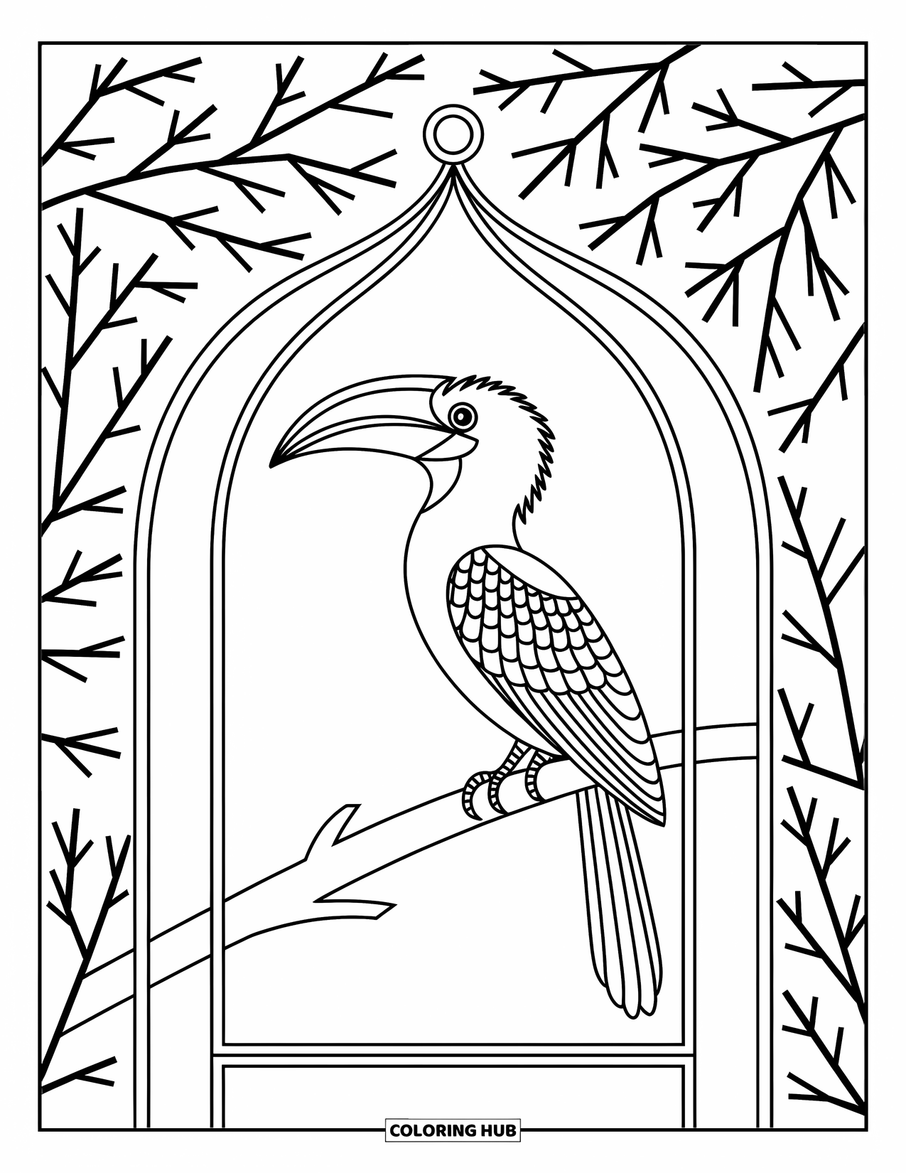 Zoo Coloring Page for Adults: A hornbill perches inside a domed aviary with geometric patterns and delicate branches