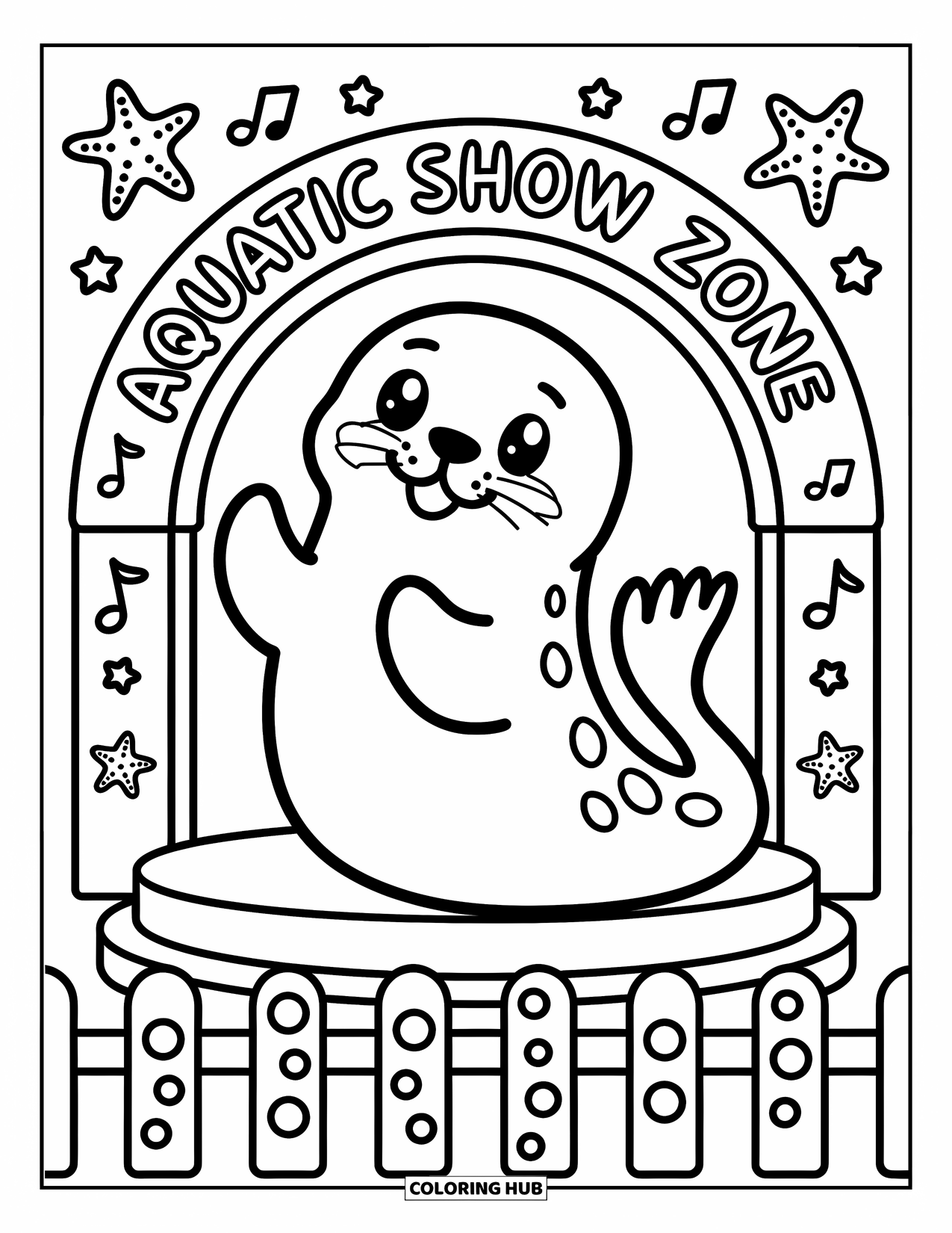 Zoo Coloring Page for Adults: A joyful seal claps in front of an arch with music notes and starfish