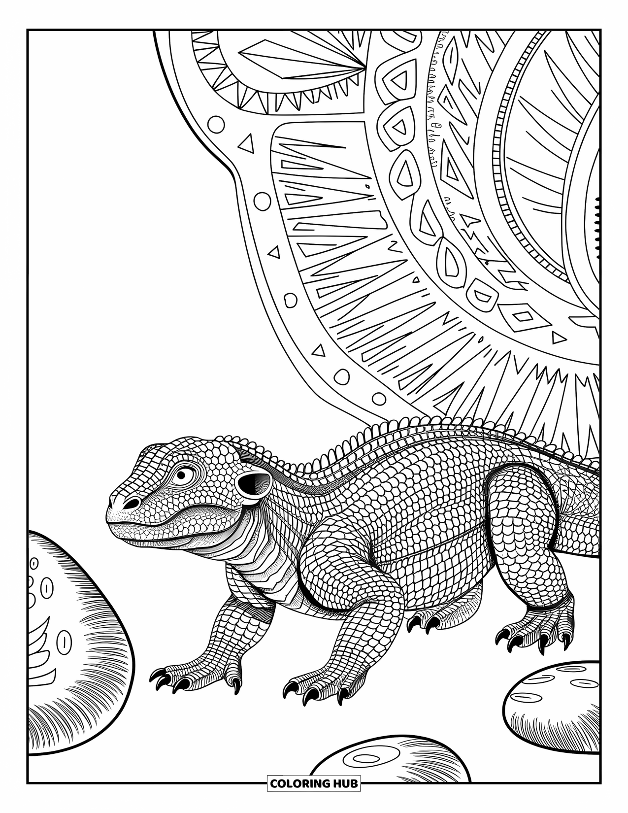 Zoo Coloring Page for Adults: A komodo dragon moves past decorative stones filled with tribal patterns and intricate designs