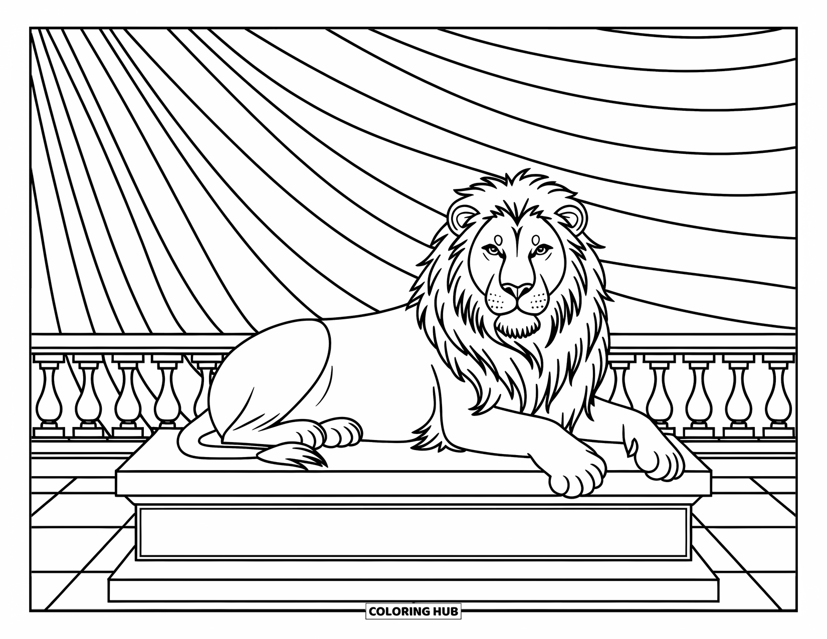Zoo Coloring Page for Adults: A majestic lion rests on a stone platform with sunburst lines and ornate railings