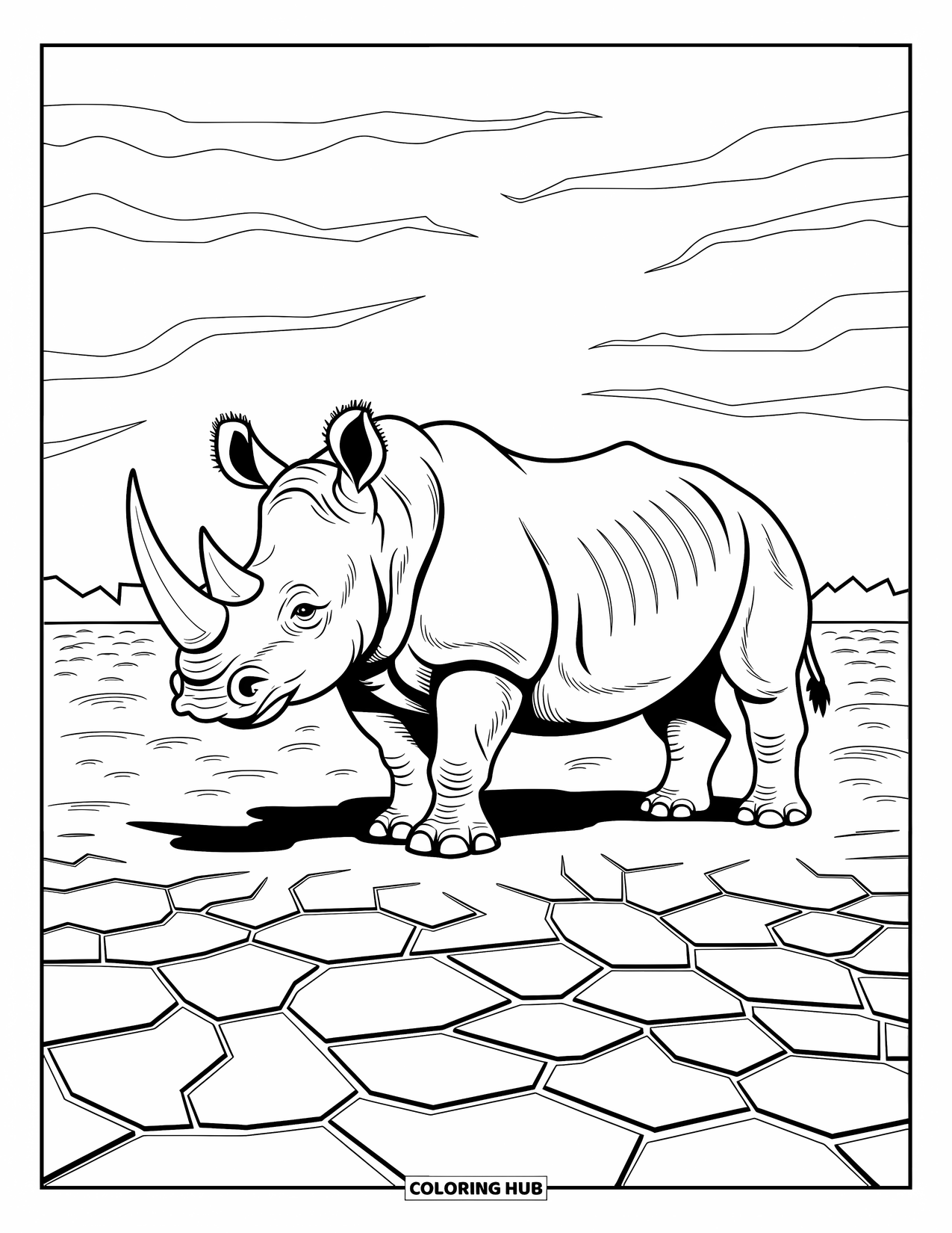 Zoo Coloring Page for Adults: A majestic rhino stands among cracked earth and wind patterns in a detailed design