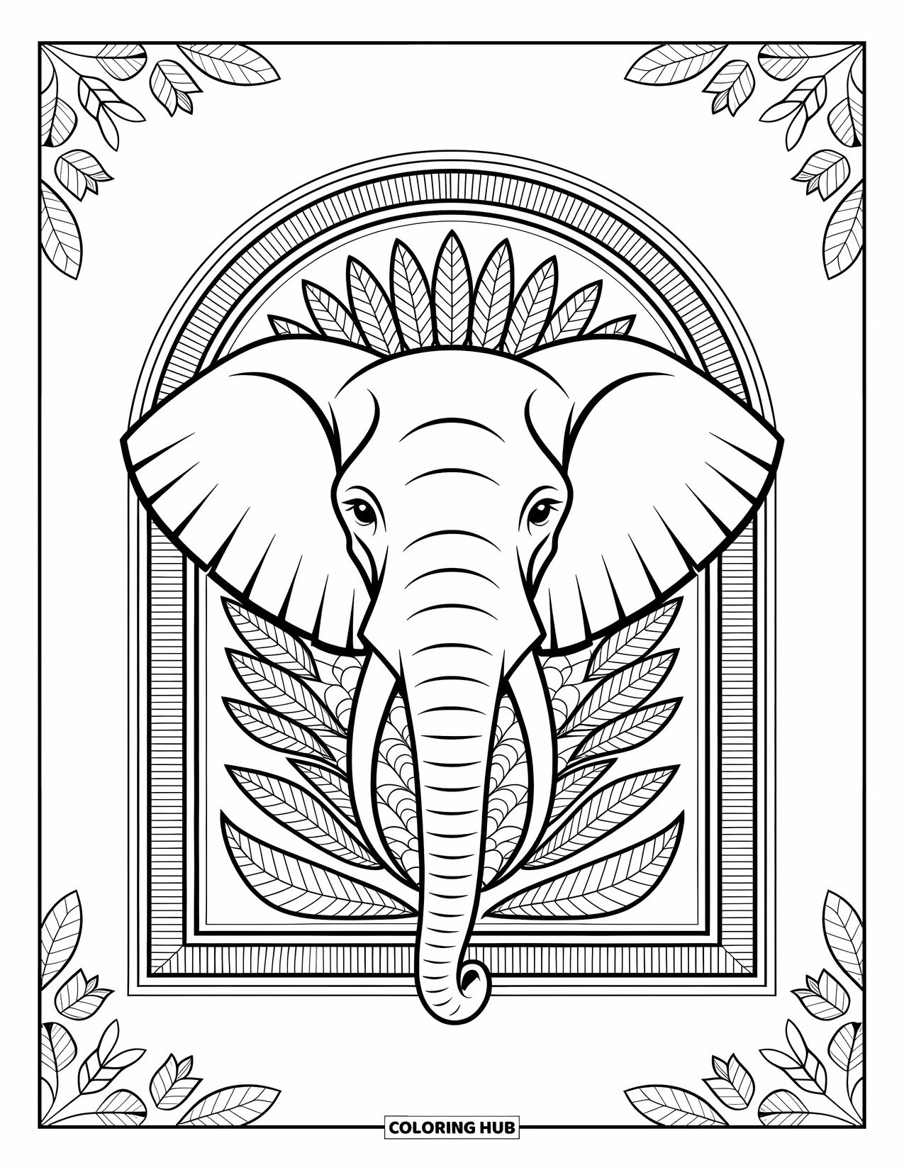 Zoo Coloring Page for Adults: A mandala-style elephant head is surrounded by zoo arches and patterned leaves
