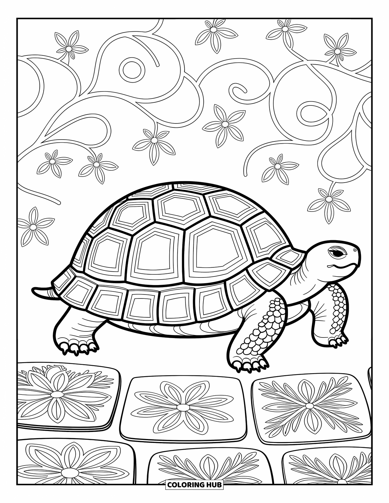 Zoo Coloring Page for Adults: A patterned tortoise walks across ornate tiles surrounded by swirling vines and flowers
