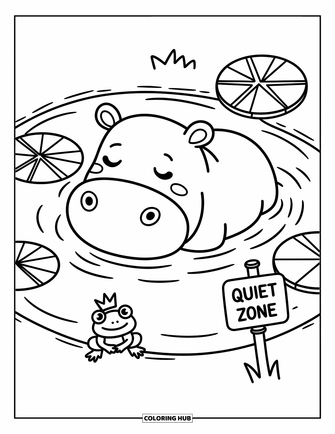 Zoo Coloring Page for Adults: A peaceful hippo drifts in a pond beside lily pads and a crowned frog holding a sign