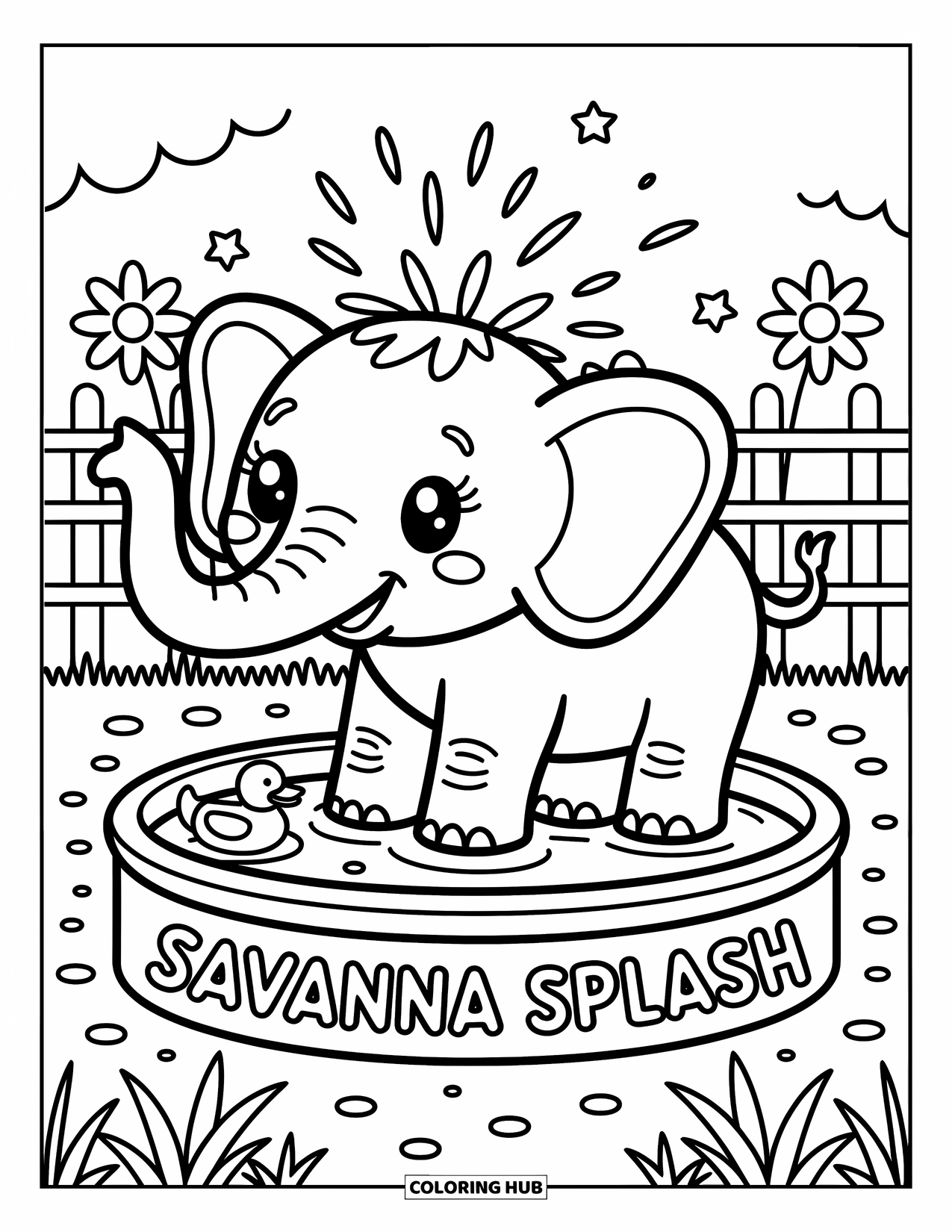 Zoo Coloring Page for Adults: A playful elephant enjoys a splash in the Savanna Splash zone near a rubber duck