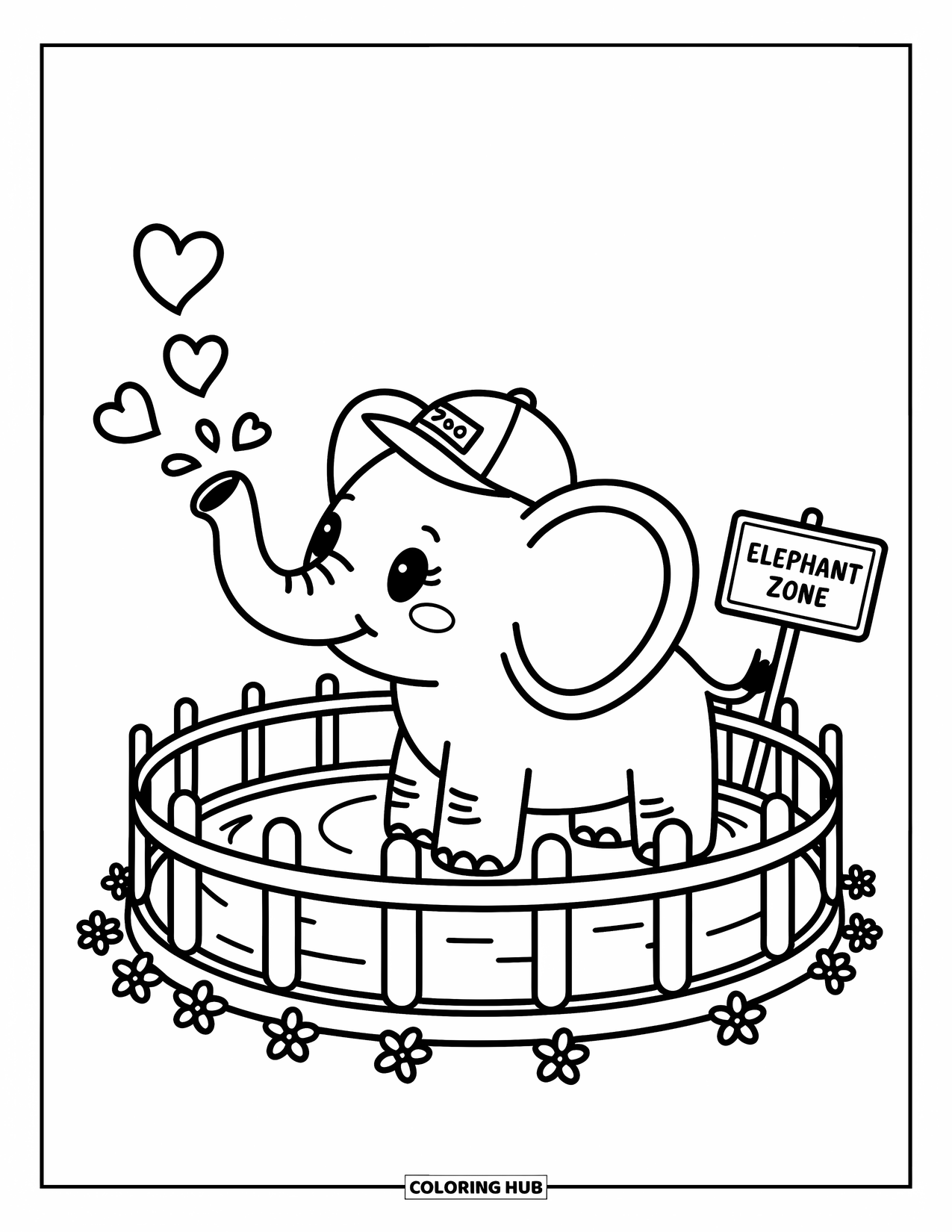 Zoo Coloring Page for Adults: A playful elephant sprays heart-shaped water while standing in a fenced area with tiny flowers