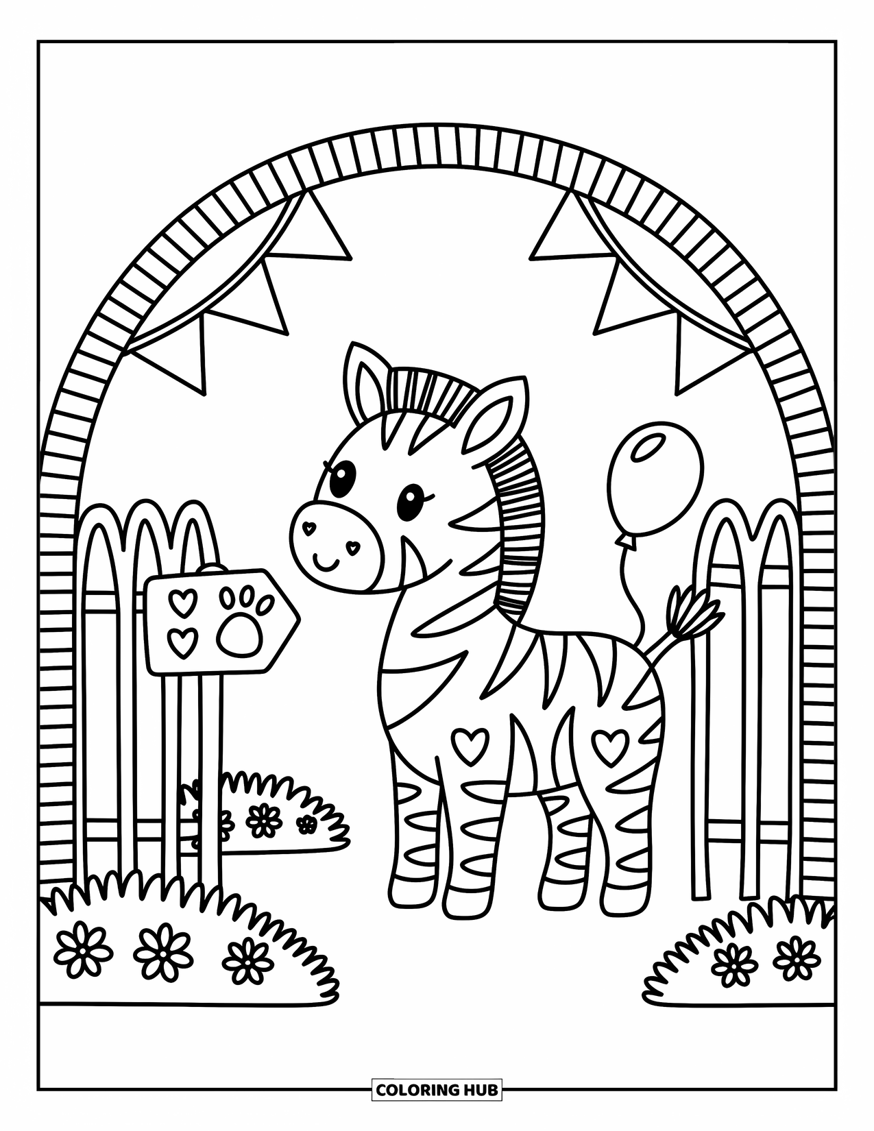 Zoo Coloring Page for Adults: A playful zebra with heart-shaped spots stands near flags, flowers, and a tiny balloon