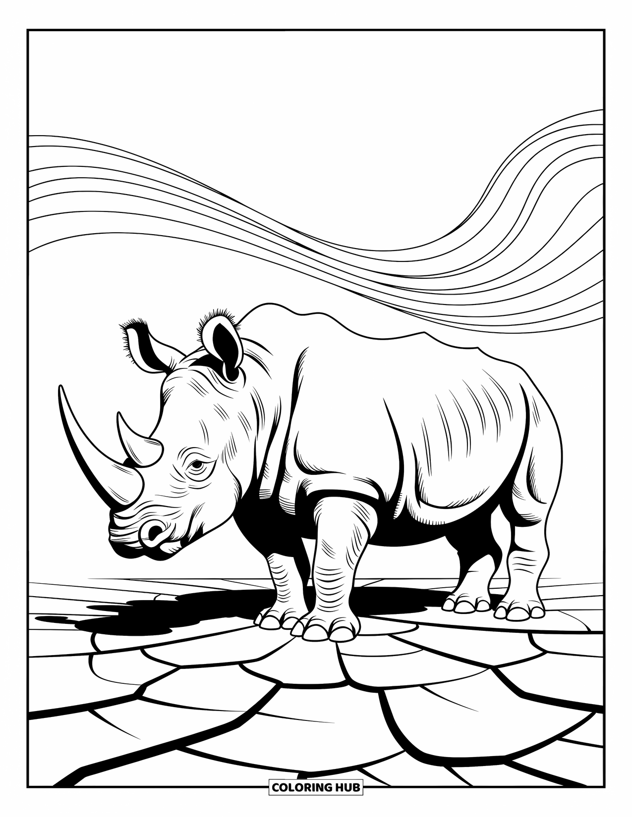 Zoo Coloring Page for Adults: A powerful rhino stands near dry earth as swirling wind lines fill the scene