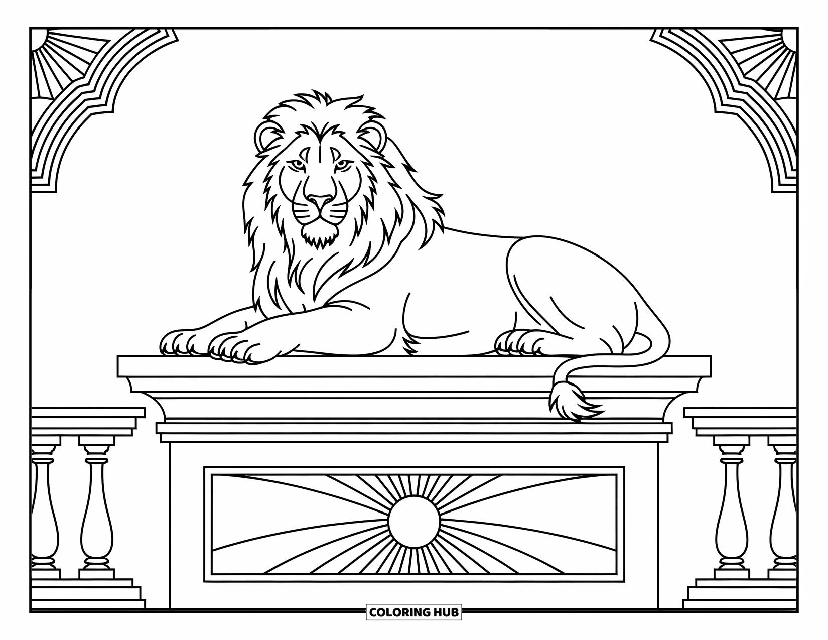 Zoo Coloring Page for Adults: A regal lion lounges on a decorated platform surrounded by swirling and intricate designs