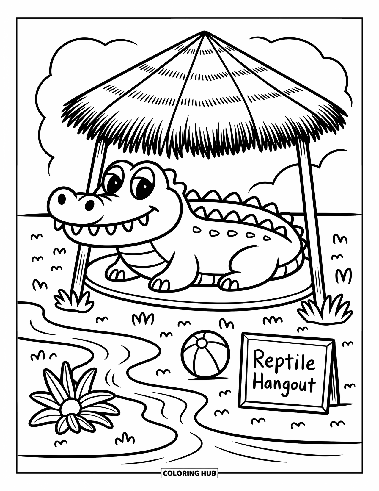 Zoo Coloring Page for Adults: A relaxed crocodile rests near a stream with a palm fan, beach ball, and chalkboard sign
