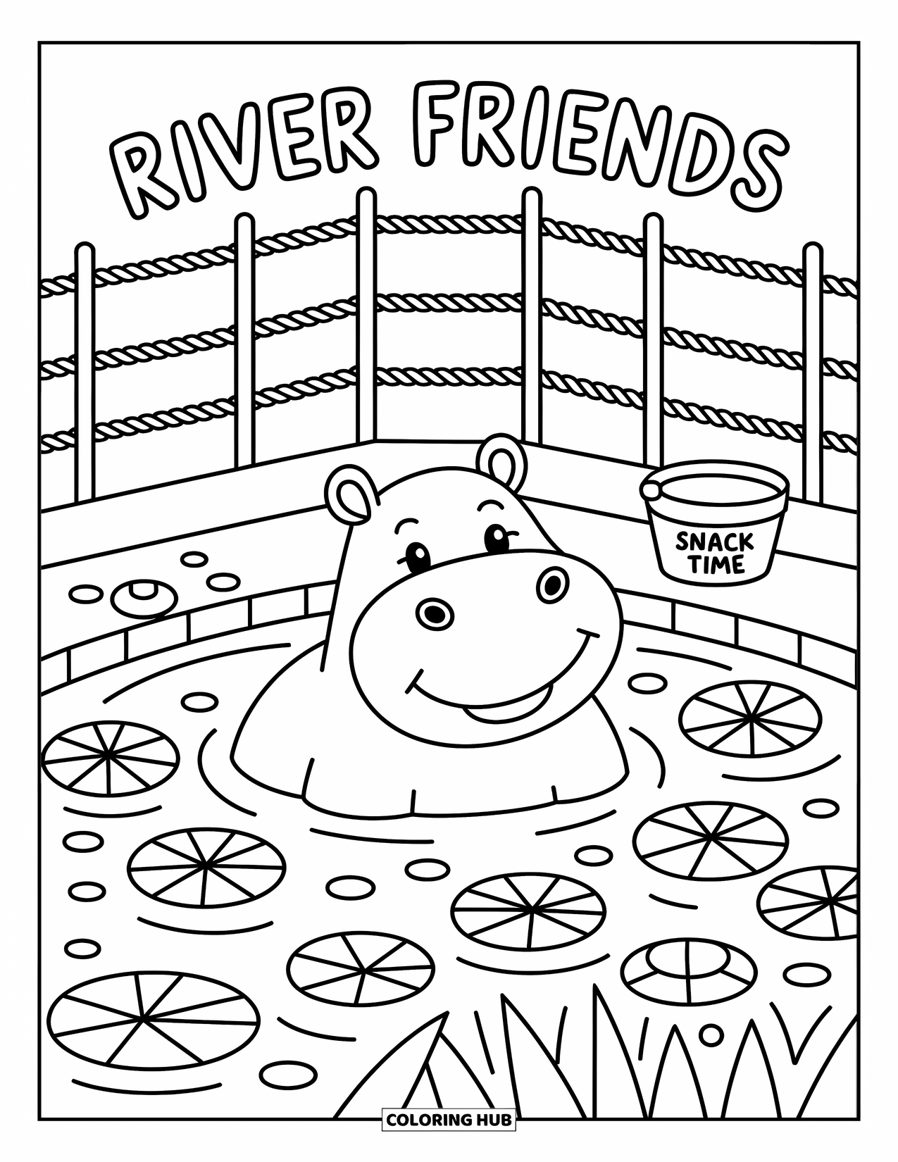 Zoo Coloring Page for Adults: A relaxed hippo soaks in bubbles with lily pads and a playful snack bucket