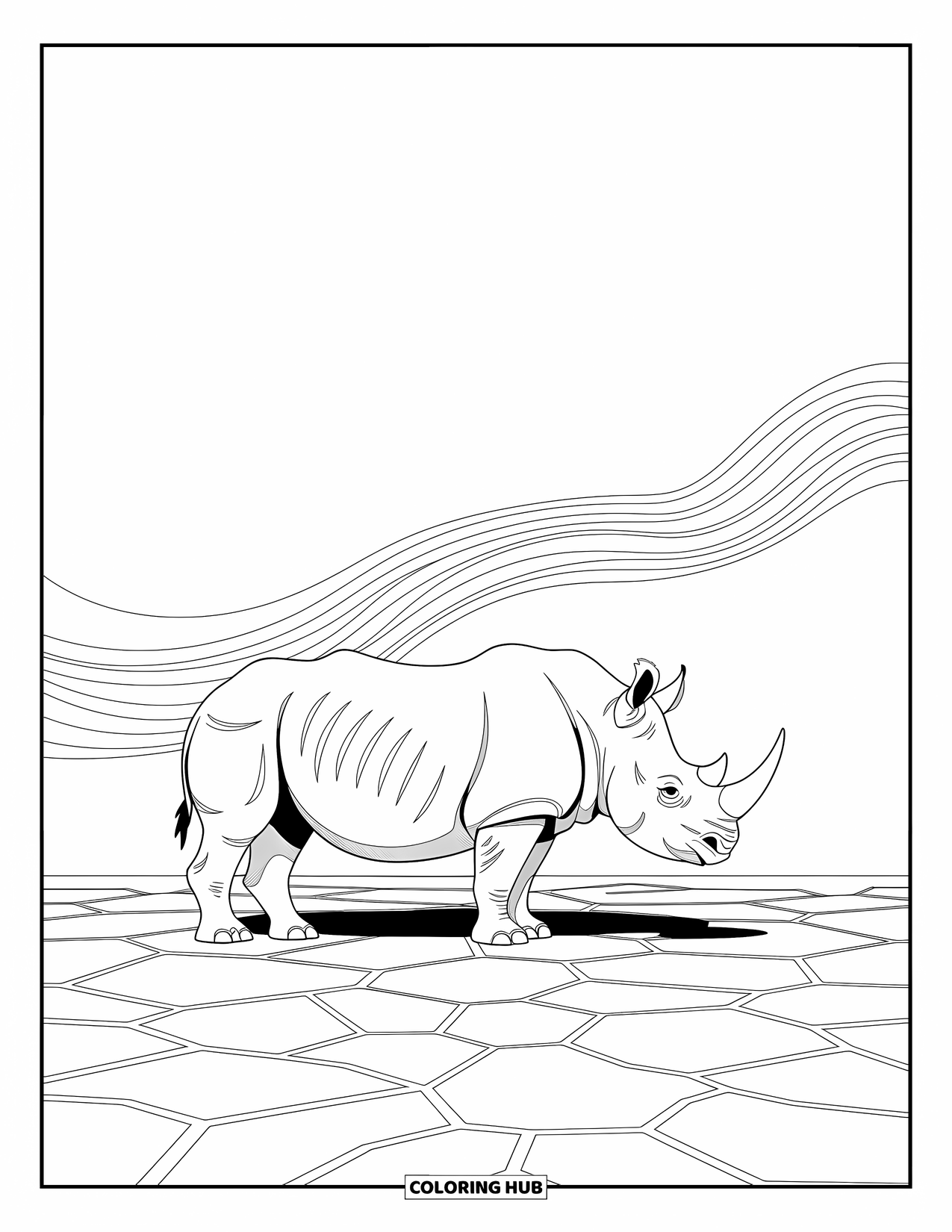 Zoo Coloring Page for Adults: A rhinoceros stands on cracked earth with wind lines and swirling background patterns