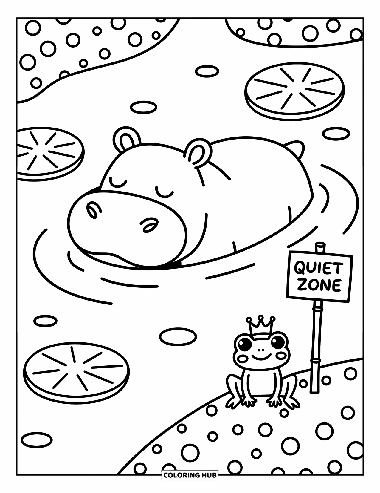 Zoo Coloring Page for Adults: A smiling hippo relaxes in water with lily pads and a frog holding a tiny sign