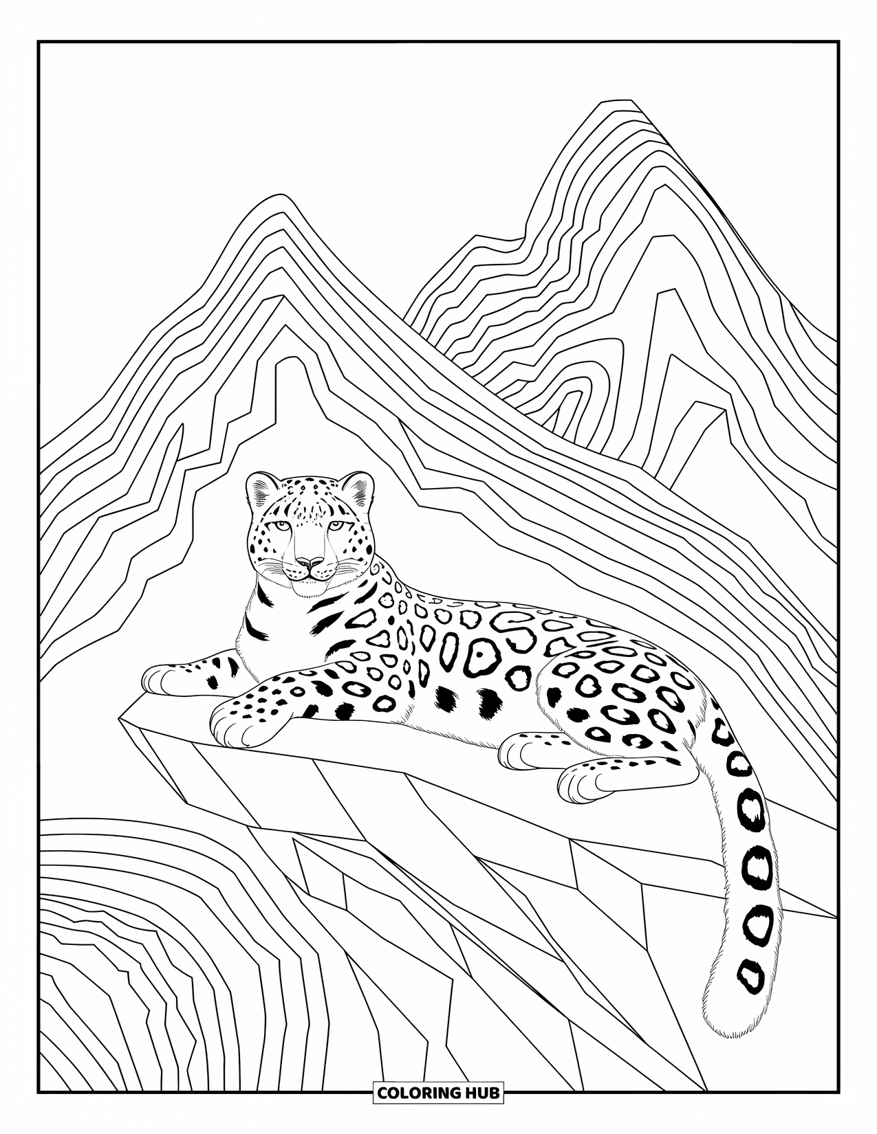 Zoo Coloring Page for Adults: A snow leopard rests peacefully above rugged rocks framed by swirling mountain lines