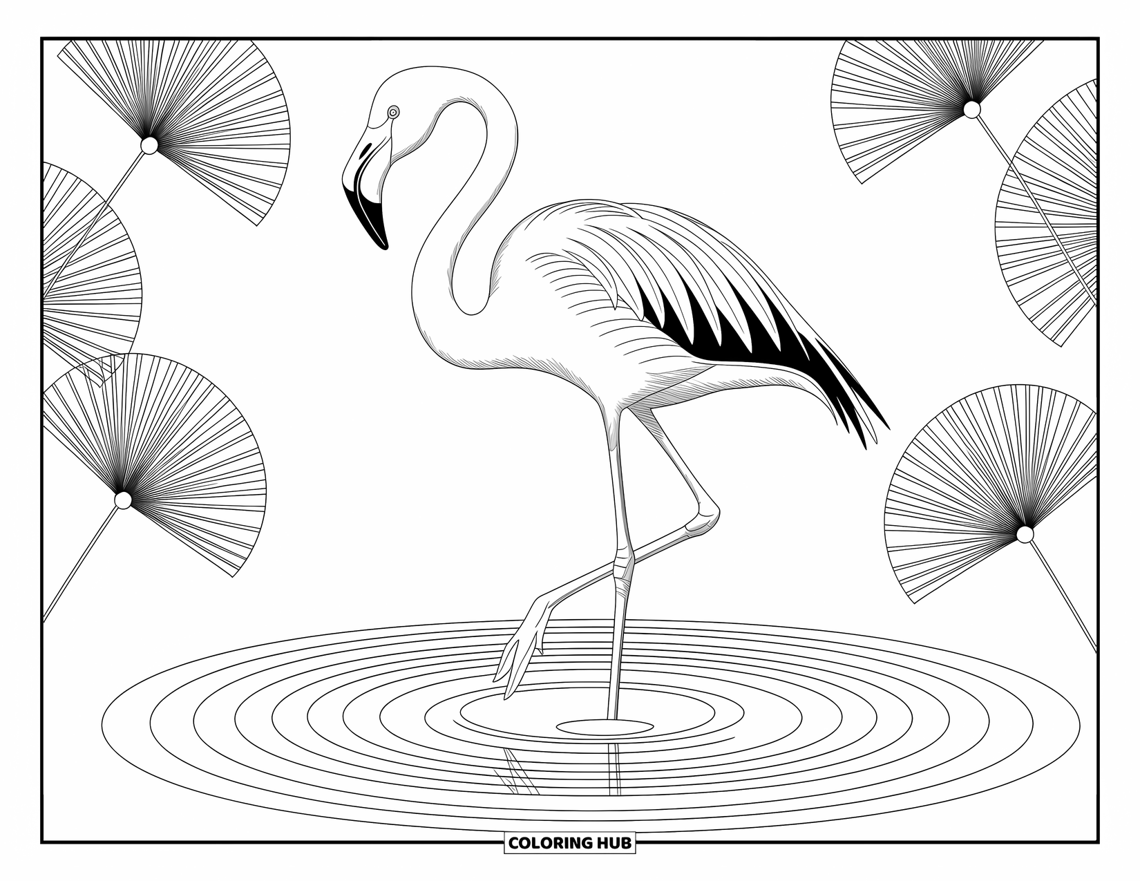 Zoo Coloring Page for Adults: A tall flamingo walks through rippling water and decorative reeds in a peaceful setting