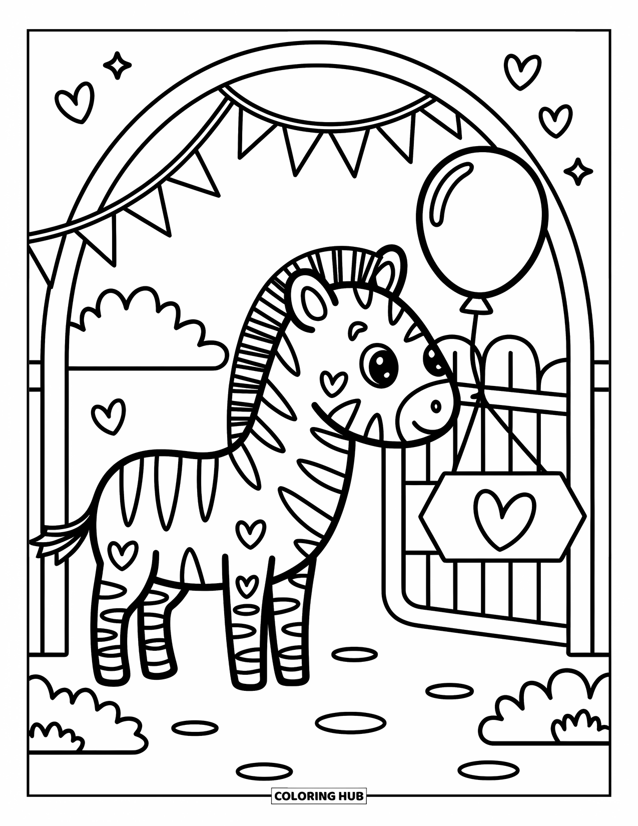 Zoo Coloring Page for Adults: A zebra gazes at a balloon near flower bushes, flags, and a hoof-shaped sign