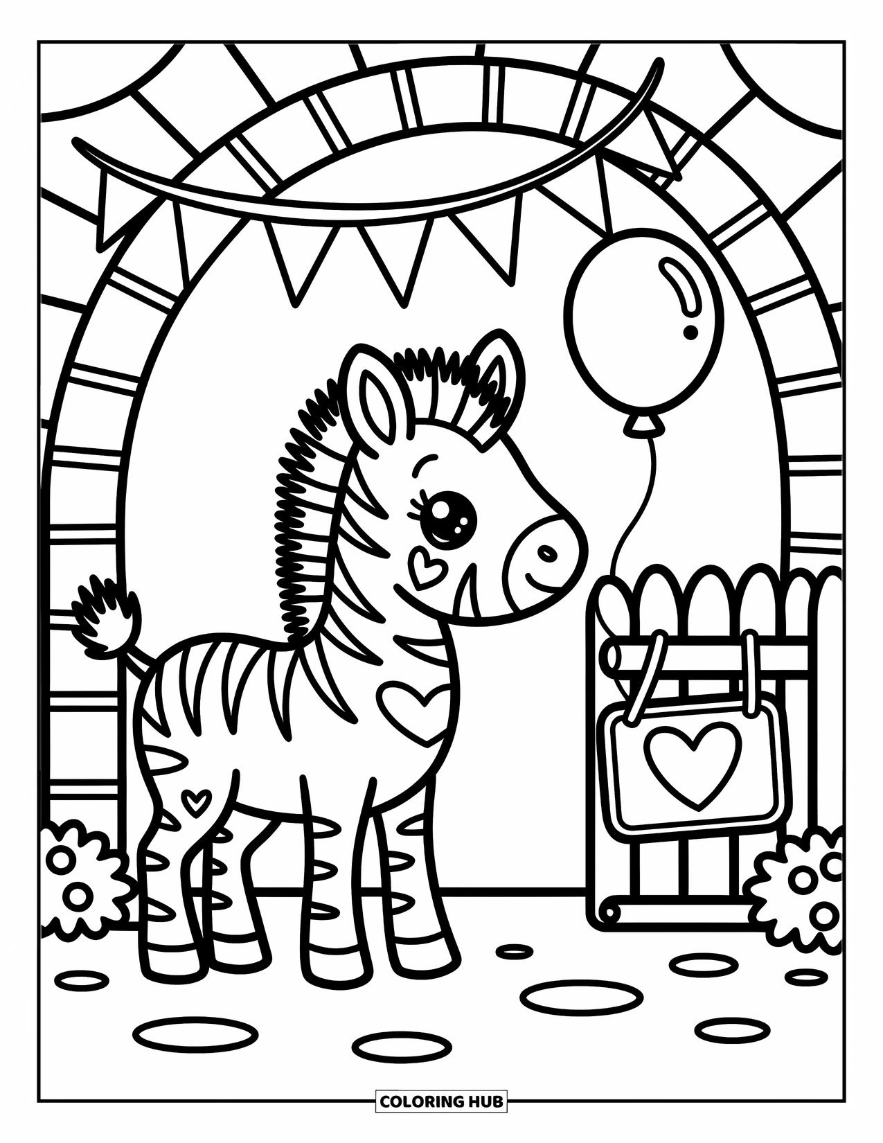 Zoo Coloring Page for Adults: A zebra with heart spots stands by a zoo arch, balloon, flowers, and hoof-shaped sign