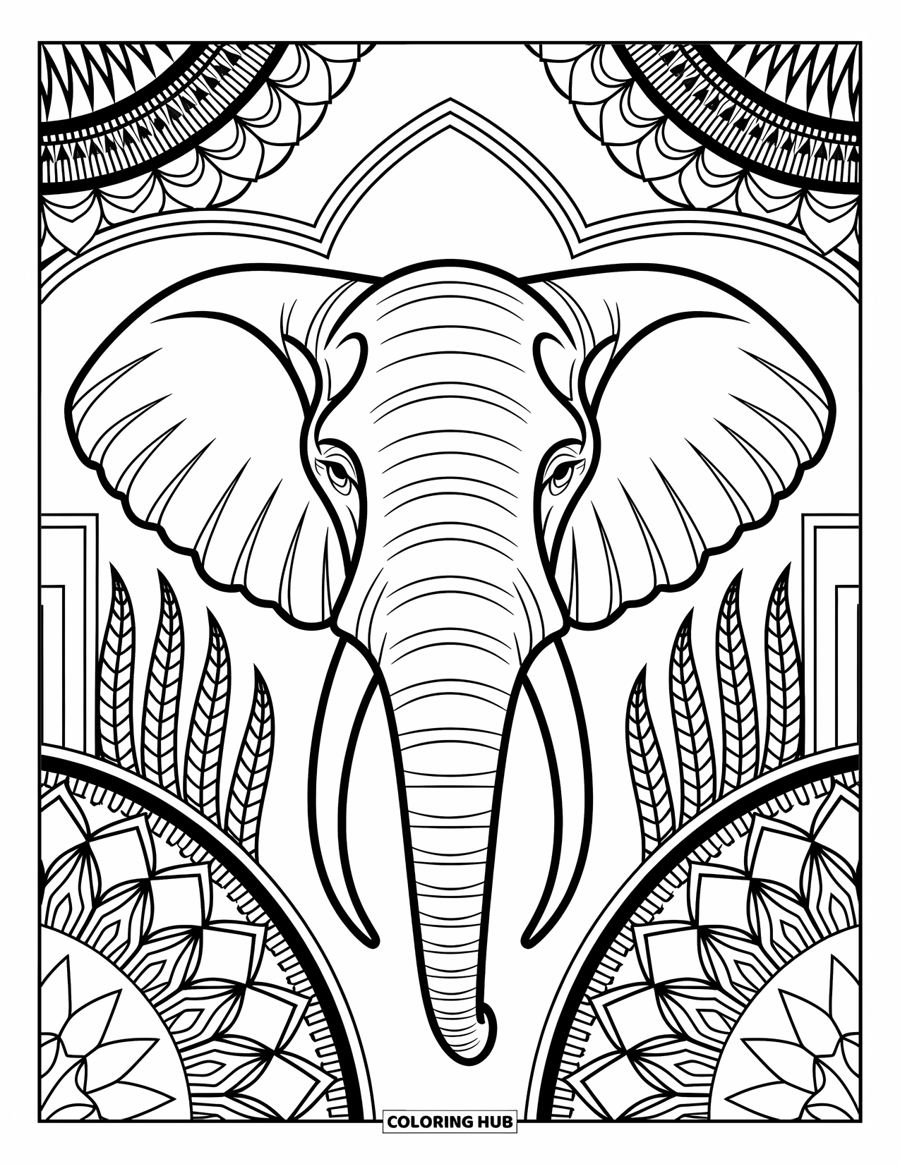 Zoo Coloring Page for Adults: An elephant head with mandala patterns is framed by leaves and decorative zoo elements