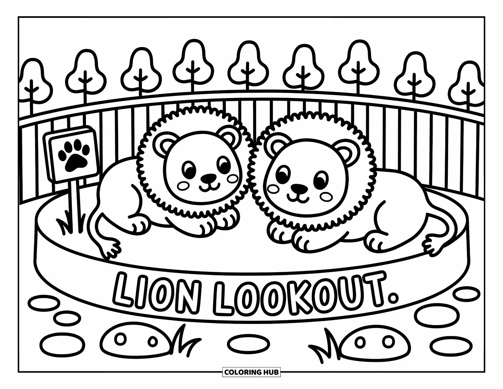 Zoo Coloring Page for Adults: Two adorable lions stretch on a zoo platform framed by trees, rocks, and a paw sign