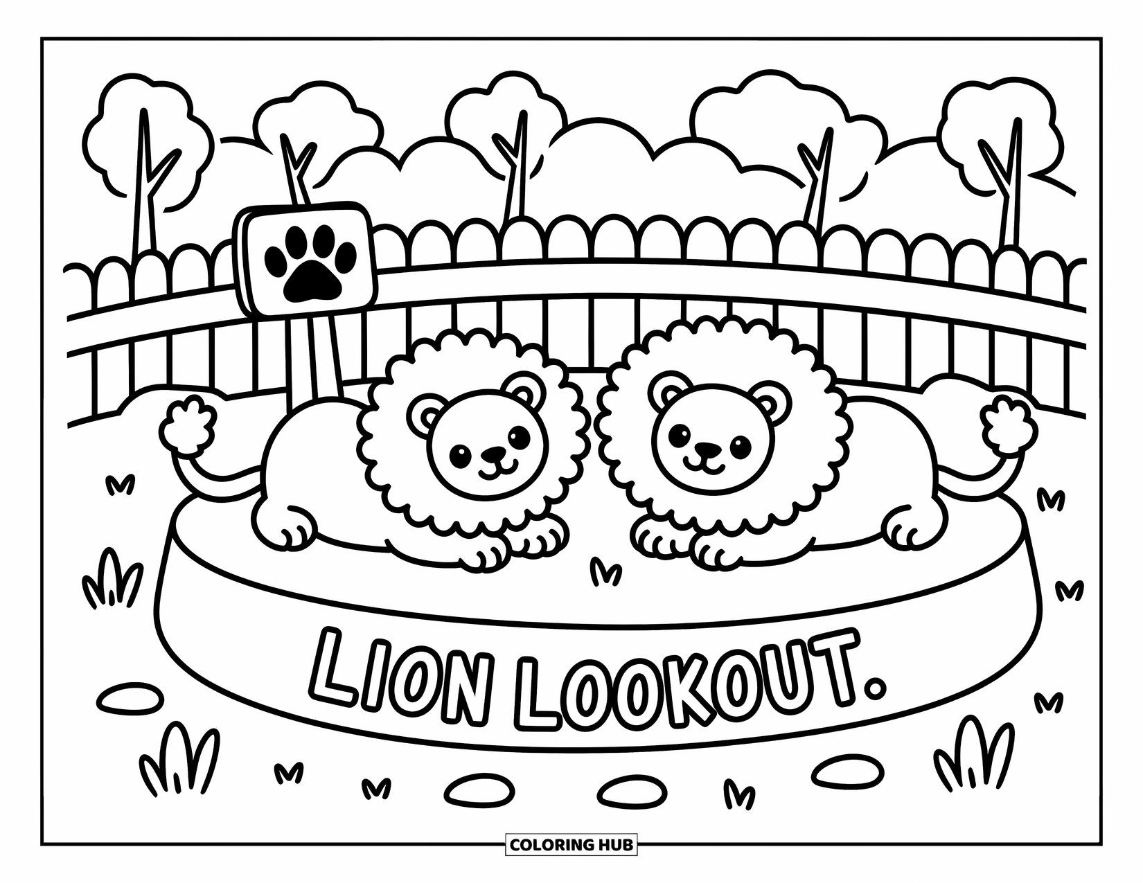 Zoo Coloring Page for Adults: Two cute lions rest on Lion Lookout near trees, rocks, and a tiny paw sign