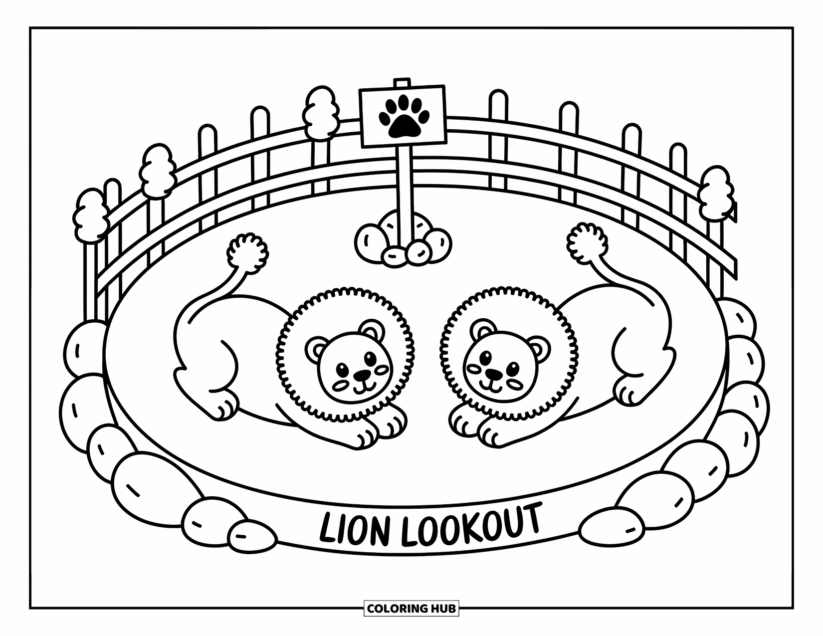 Zoo Coloring Page for Adults: Two fluffy lions lie playfully on a platform with tiny trees and a paw sign