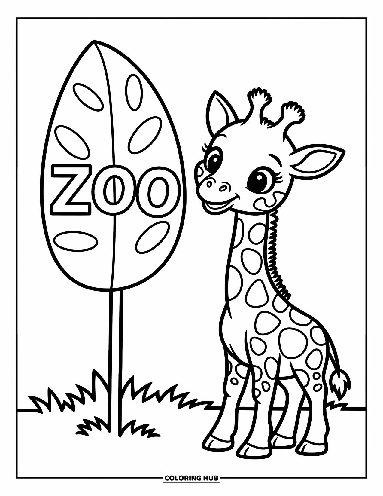 Zoo Coloring Page for Kids: A baby giraffe stands near a leaf-shaped zoo sign with a sweet little smile