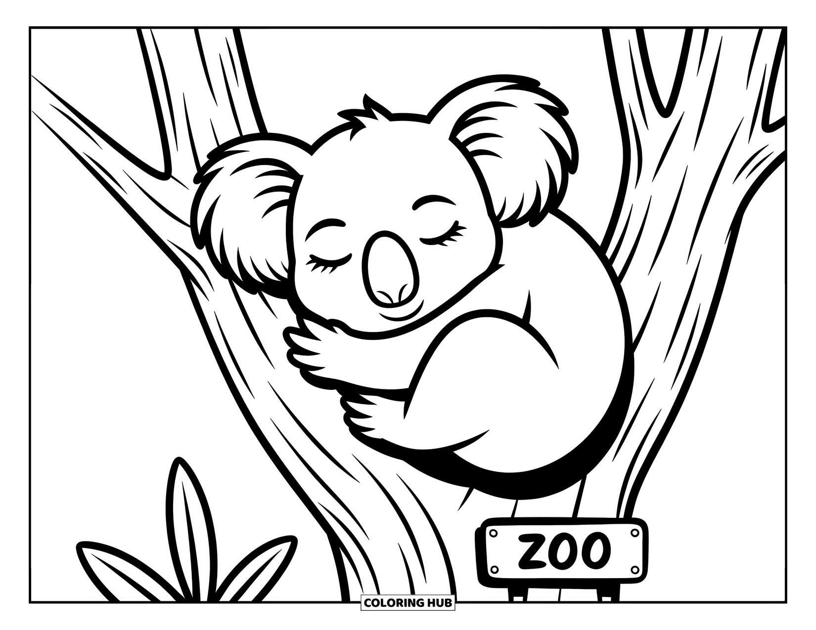 Zoo Coloring Page for Kids: A calm koala snoozes on a tree trunk with a zoo sign tucked nearby