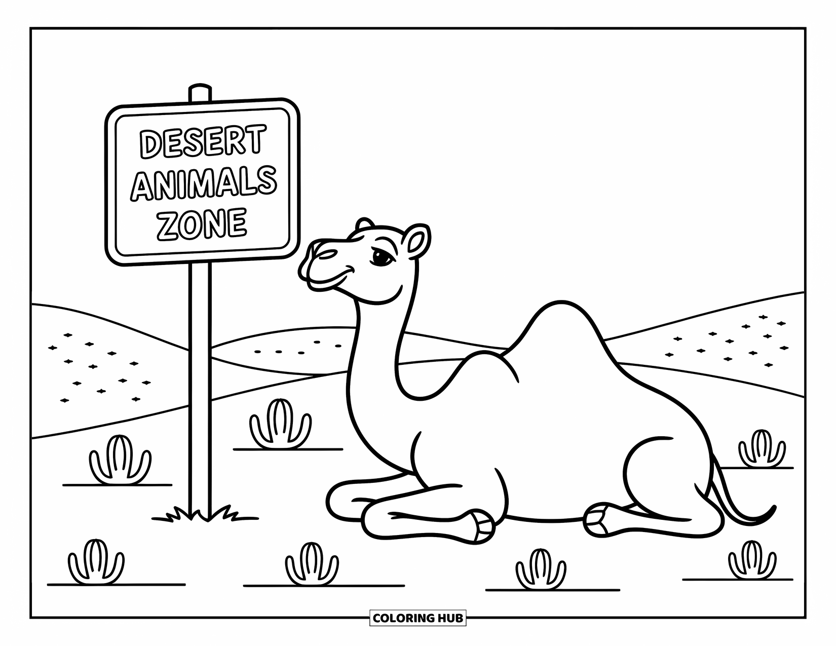 Zoo Coloring Page for Kids: A camel rests near a sign labeled Desert Animals with dunes and cacti around