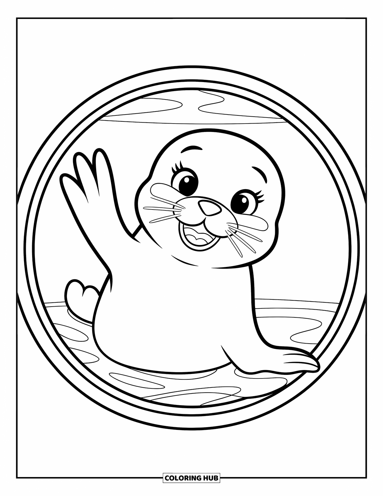 Zoo Coloring Page for Kids: A cheerful seal waves inside a round tank with clean lines and a happy expression