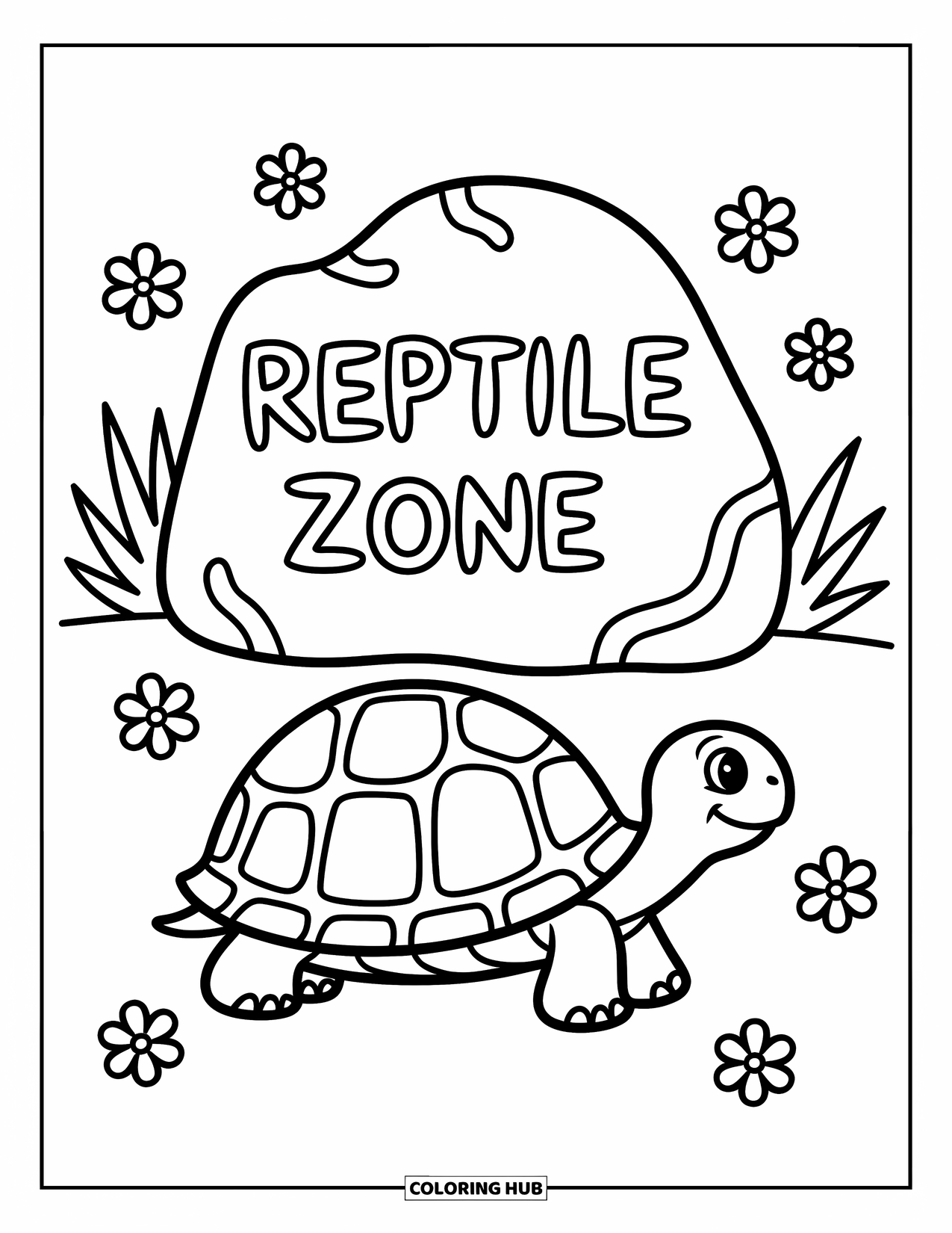 Zoo Coloring Page for Kids: A cheerful turtle walks near a rock sign, surrounded by friendly plants and soft shapes